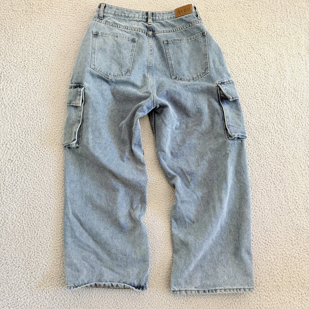 Avandress Jeans Blue Wide Leg Cargo Denim Pants Utility Pockets - Picture 2 of 10